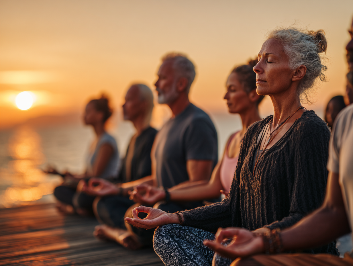 Різновікова група людей медитує в парку на заході сонця