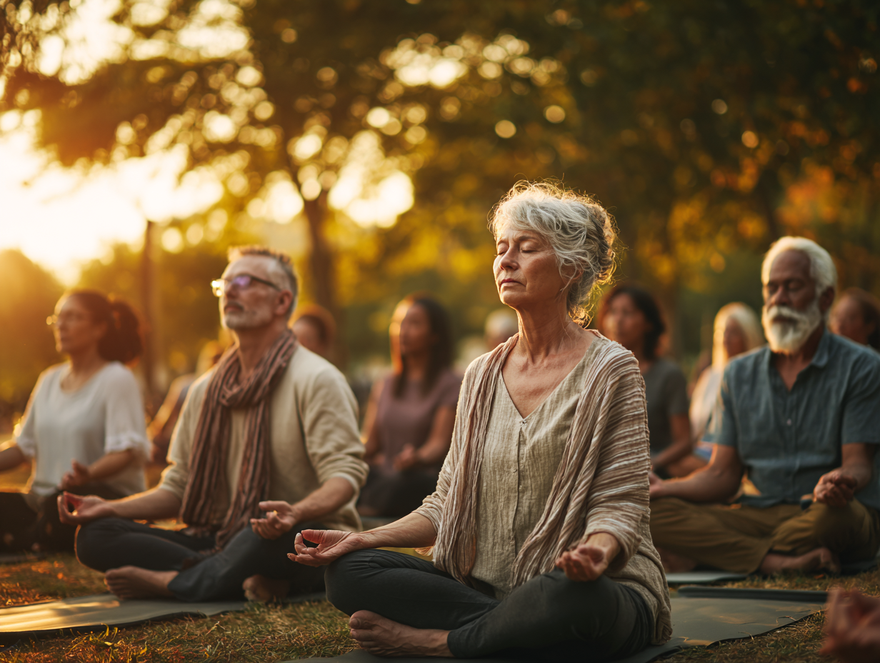 Група людей різного віку практикує йогу на свіжому повітрі