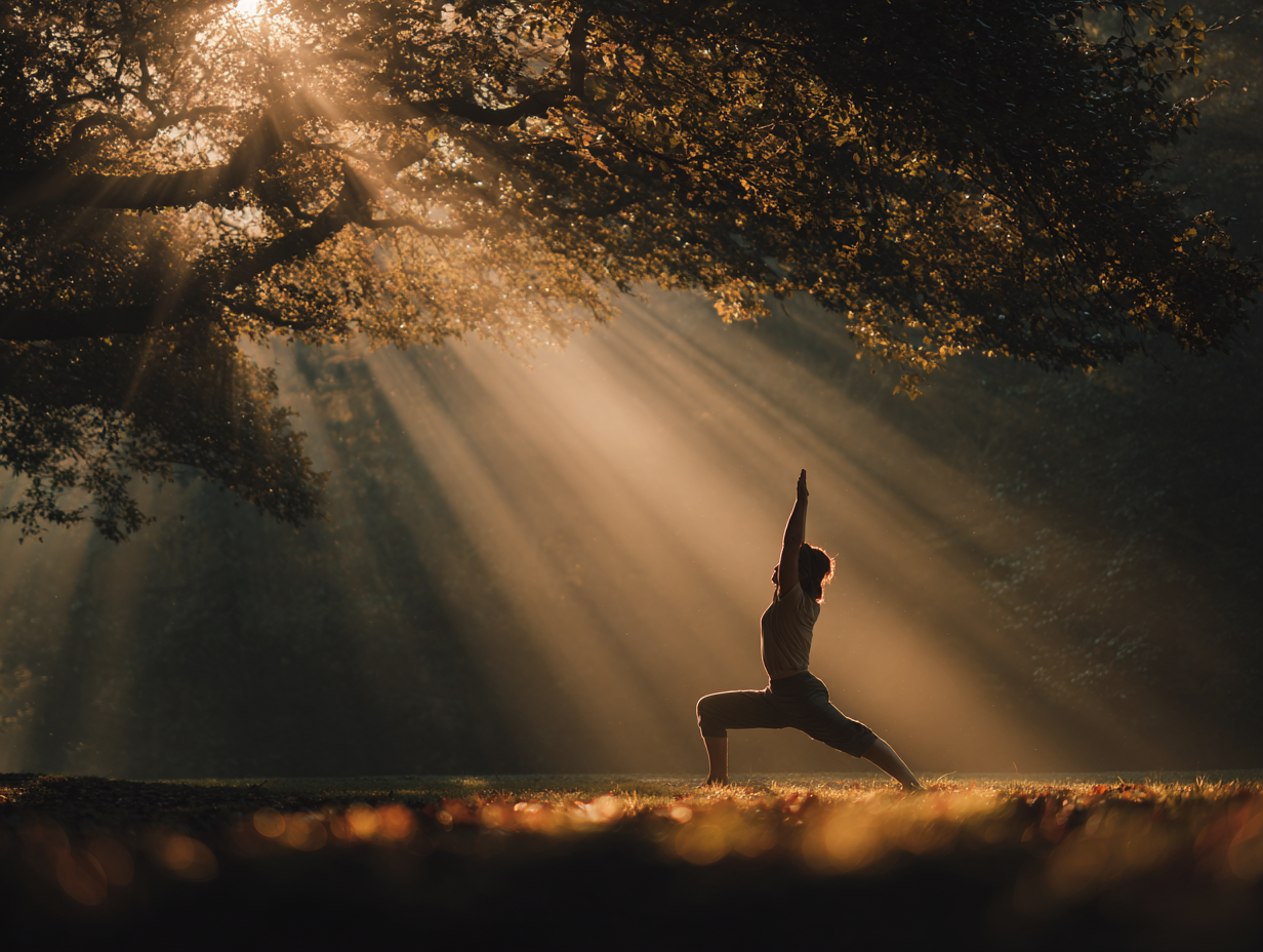 Група людей різного віку виконує дихальні вправи на сході сонця